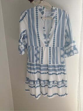 White Tunic Dress with Blue Embroidered Pattern